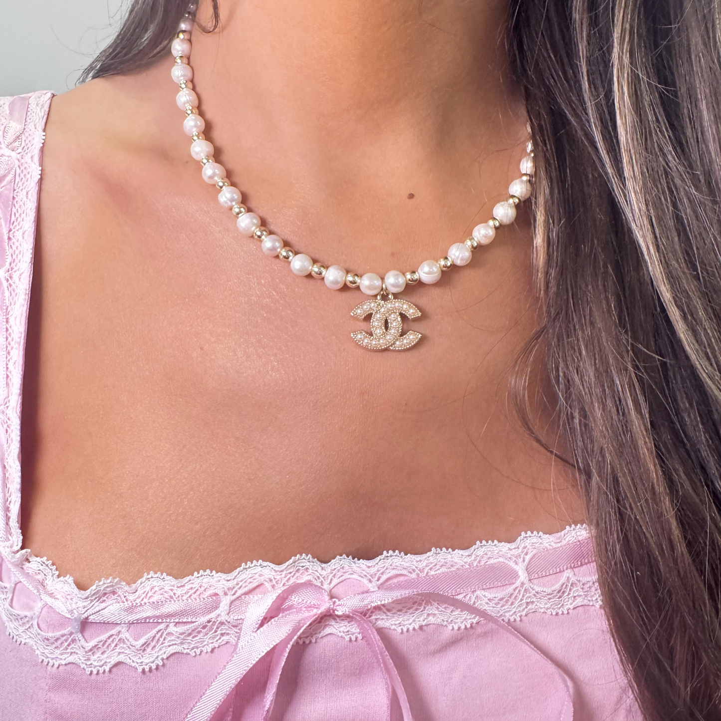 14K GOLD FILLED 5MM + FRESHWATER PEARLS STRETCH NECKLACE