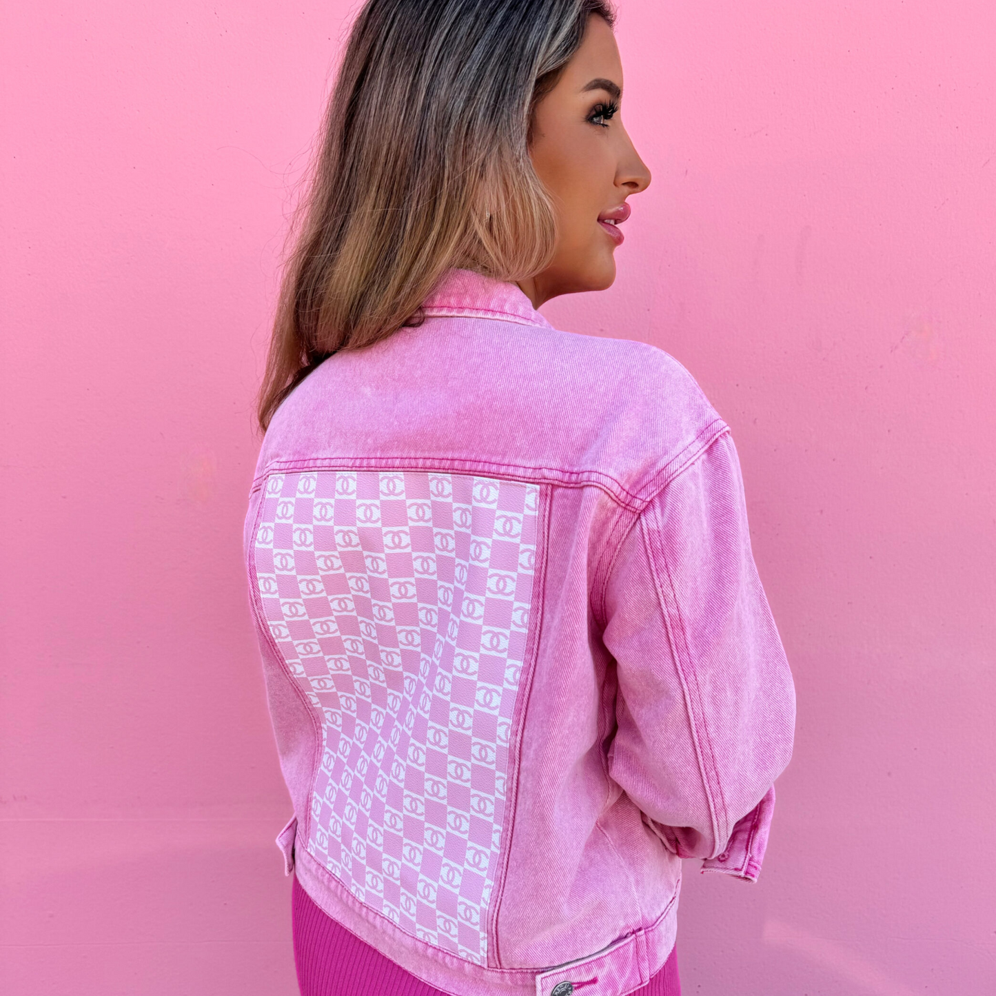 CHECKERED BARBIE CHANEL DENIM JACKET-PINK