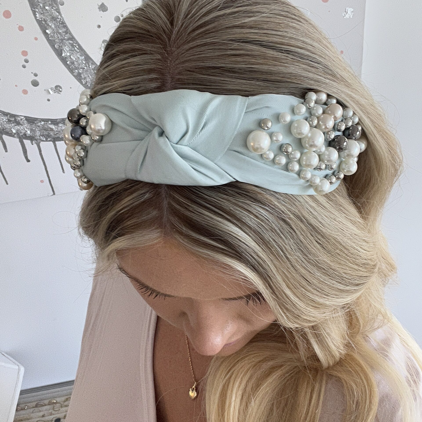 PEARL SATIN HEADBAND- BLUE